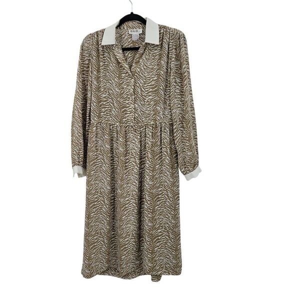 Vtg 70s Tan Zebra Long Sleeve Collared Midi Dress Sz S‎ Sheer Modest Church - Picture 10 of 10